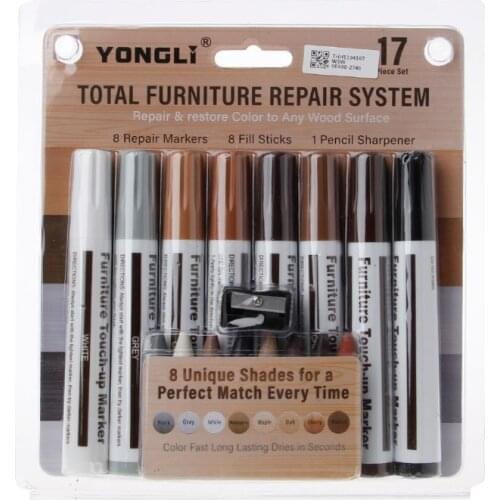 17Pcs Furniture Touch Up Kit Markers & Filler Sticks Wood Scratches Restore Kit 19QB