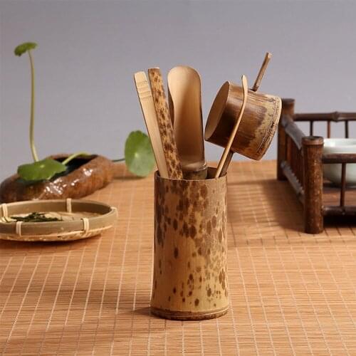 5pcs/set Mottled Bamboo Kongfu Tea Accessories ChaGa Teaspoon Cannister ChaZe Tube-shaped Tofu For Home Tea Party Office Use