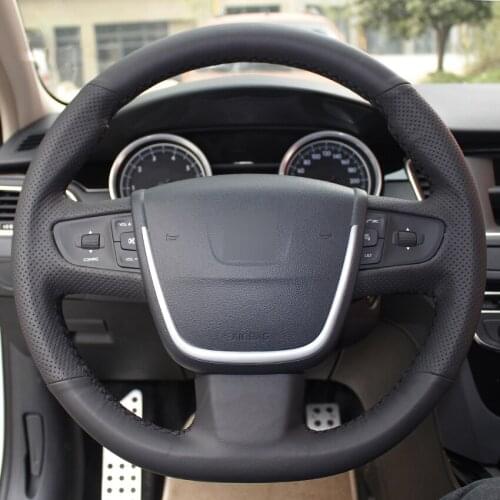 DIY Hand-Stitched Black Leather Car Steering Wheel Cover For Peugeot 508 2011-2018 508 SW 2011-2018 Car Interior Accessories