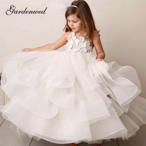 Ball Gown Flower Girl Dresses 2020 Tiered White First Communion Dresses For Girls Long Pageant Gowns