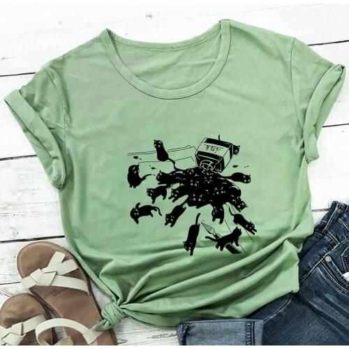 Cute Cats Printed 100%Cotton Womens Tshirt Cat Mom Life Funny Summer Casual O-Neck Short Sleeve Tops Pet Lover Gift