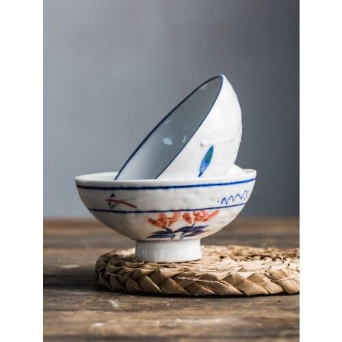 Chinese Small Bowl Home Japanese Tall Rice Bowl Dessert Bowl Ceramic Tableware Wholesale Restaurant Plant Flower Hand Painted