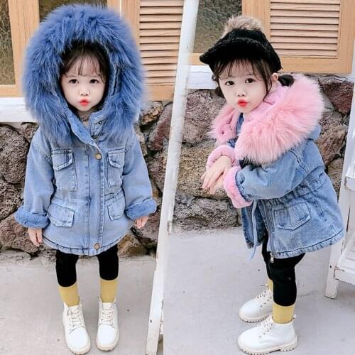 Korean Denim Jacket For Baby Girl Coat Clothes Autumn Winter Kid Hooded Fur Warm Jean Outerwear Child Clothes 2 3 4 5 6 Year