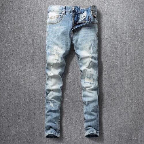 Korean Style Fashion Men Jeans Retro Light Blue Elastic Slim Fit Ripped Jeans Men Streetwear Destroyed Designer Denim Punk Pants