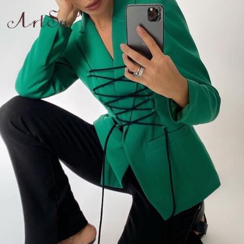 ArtSu Sexy Bandage Tie Up Jacket Women Fashion Deep V Neck High Street Coat Ladies Long Sleeve Overcoat Streetwear Autumn