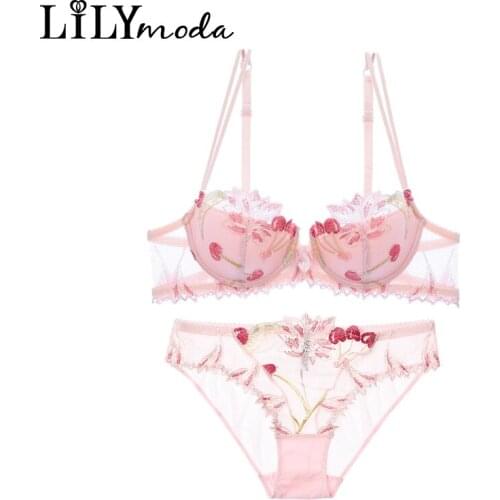 LILIMODA Women Sexy Comfortable Paded Thin Cotton Bra Brassiere Sets Floral Lace Embroidery Underwire Lingerie Underwear PINK