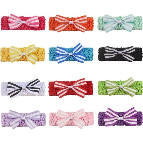 Fashion Striped Grosgrain Ribbon Bow Headband Handmade Knitted Elastic Hairband Baby Girl Hair Accessories Photo Props 12 Colors