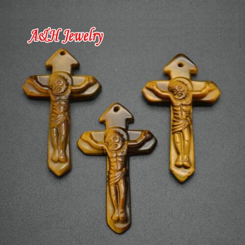 Grade AA Natural Tiger Eyes Jesus Christ Cross Crucifixion Pendant 26x44mm Nazarene Christian Jewelry