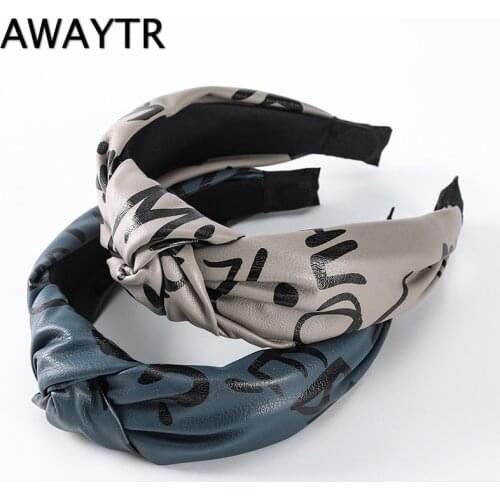 AWAYTR Women Headband PU Leather Letter Retro Hairbands For Women Top Knotted Girls Hair Band Bezel Hair Accessories Head Hoop