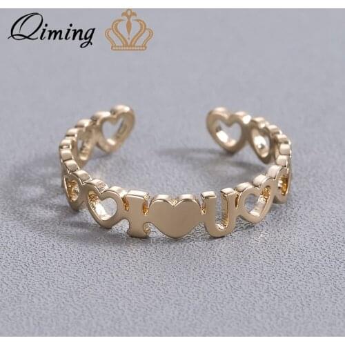 QIMING Hollow Love Heart Rings For Girls Women Wedding Engagement Girlfriend Gift I LOVE YOU Boho Gold Cute Ring Bague