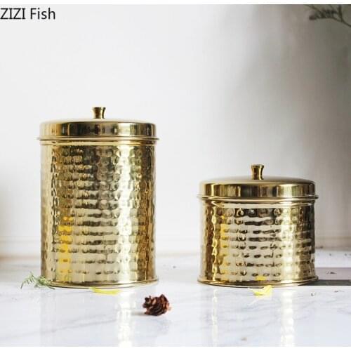 European Golden Fabric Alloy Hammered Storage Tank Retro Living Room Porch Desktop Home Decoration Metal Tea Coffee Storage Tank
