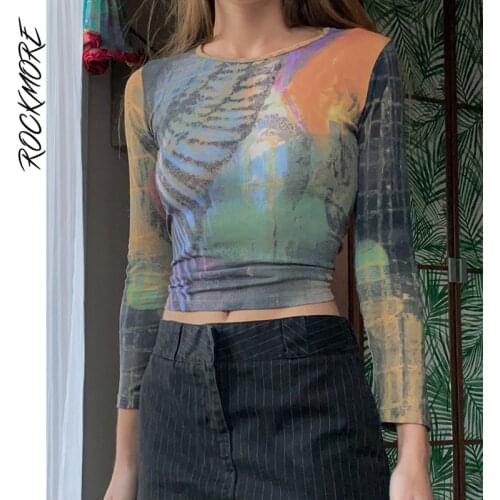 Rockmore Vintage Print Crop Top y2k Long Sleeve T Shirt Harajuku O Neck Tee Tops Women Korean Casual Basic Tee Streetwear 2021