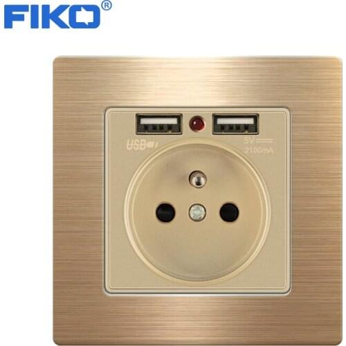 FIKO 16A France Standard Socket Power Outlet Dual USB Port Outlet 5V 2.1A Wall Charger Adapter LED Indicato