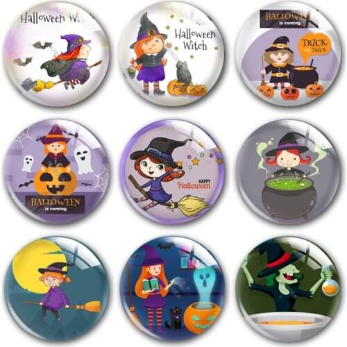Handmade Halloween party Witch girl Round photo glass cabochons demo flat back DIY collier jewlery Making findings accessory