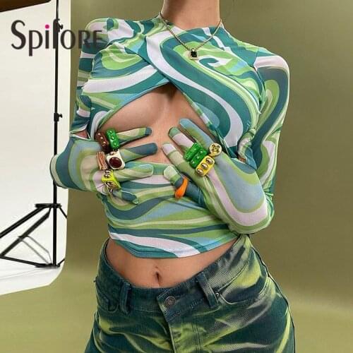 Spifore Tie Dye Crop Mesh Tops Y2K Green Long Sleeve Hollow Out Skinny Tees With Gloves Summer Fashion Print T-Shirt Women