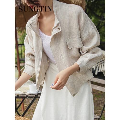 Sungtin Linen Cotton Blouse Coat Elegant Korean Linen Jacket Women Vintage Oversized Casual Womens Summer Spring Jackets 2021