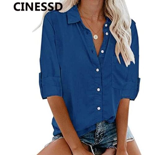 CINESSD Women Casual Blouses Blue Turn Down Collar Cuffed Long Sleeves Cardigan Button Pocket Office Lady Tops Blouse Tee Shirts
