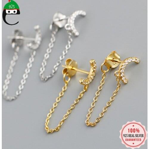 ElfoPlataSi 2021 New Real 925 Sterling Silver Fashion Chain Moon CZ Stud Earring For Women Wedding Party Fine S925 Jewelry DA248