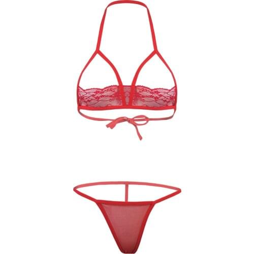 Womens Lingerie Suit See-through Bikini Set Sleepwear Two-Piece Halter Lace-up Open Cup Lace Hot Bra with Mesh G-string Briefs