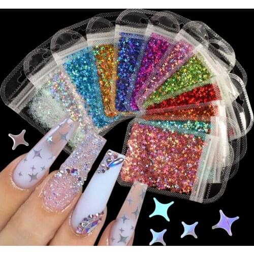 4 Bag Holographic Starlight Nail Art Glitter Sequins Flaky Four-pointed Star Nail Tips Decorations for 3D Polish Manicure Design