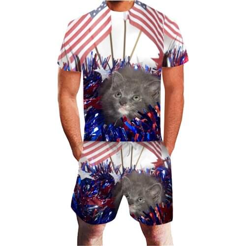 64# Mens Summer American Flag Kitten Loose Casual 3d Digital Printing Independence Day Sports Suit Culaith Spóirt Na Bhfear