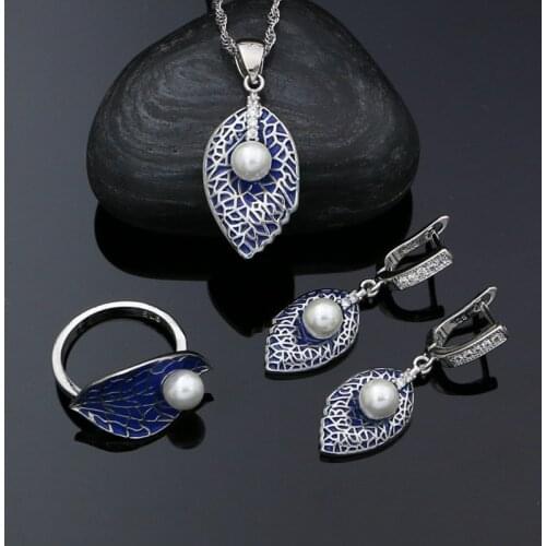 925 Silver Jewelry Set for Women Blue Enamel Pearl Crystal Leaf Earrings Pendant Necklace Ring for Woman Birthday Present