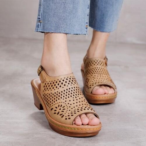 Careaymade-Original Summer new fish mouth shoes womens Genuine leather hollow slope heel comfortable buckle cool shoes