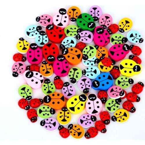 High Quality 9x13mm/12x17mm/14x20mm Wood Sewing Buttons 50Pcs/lot Scrapbooking Ladybug Mixed Two Holes For DIY Cloth Accessories
