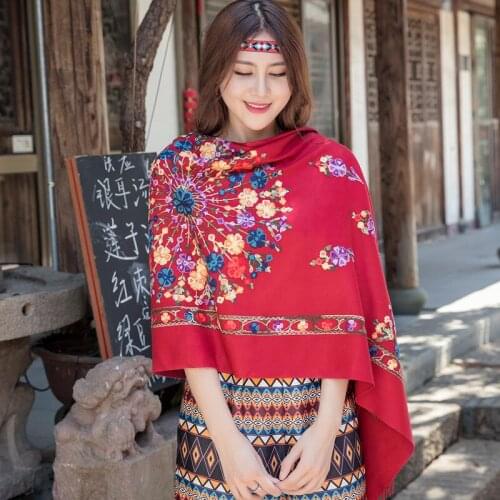 Ethnic Style Embroidery Long Wool Scarf Women Winter Hand-Embroidered Floral Cashmere Shawl Dual-Use Thickening Keep Warm Шарф