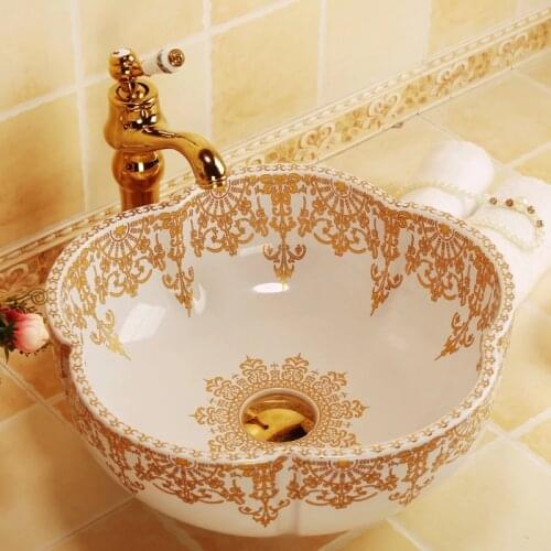 Morocco style flower shape gold decoration ceramic porcelain bathroom sinks