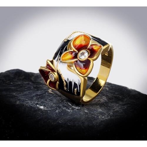 High Quality New Handmade Enamel Orange Flower Ring 925 Silver Anniversary Party Engagement Wedding Jewelry Gift