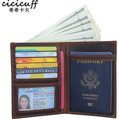 Genuine Leather Male Wallet Photo Holder Passport Card Holder Passport Cover Crazy Horse Leather Rfid Credit Card for Men Travel