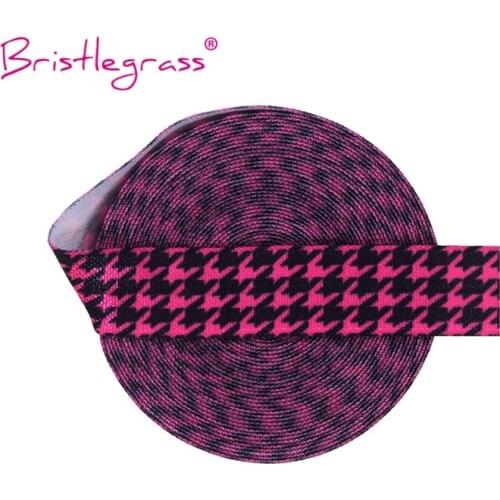 BRISTLEGRASS 2 5 Yard 5/8" 15mm Pink Houndstooth Print FOE Fold Over Elastics Spandex Satin Band Tape Hair Tie Dress Sewing Trim