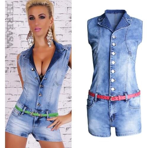 Summer Single Breasted European and American Sexy Waistband One-piece Pants Show Thin Jeans One-piece Shorts