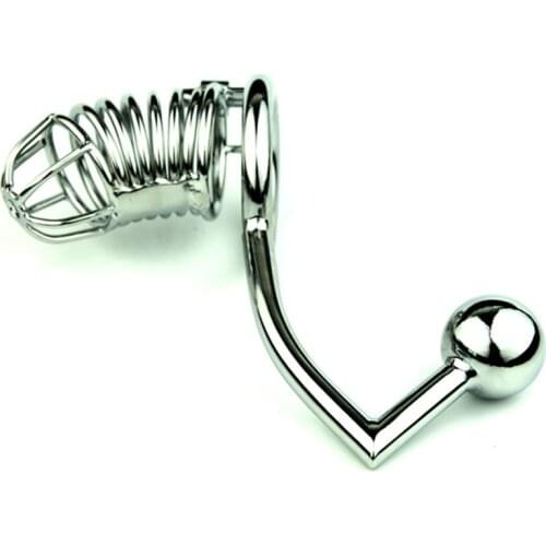 Metal Cock Rings Penis Cage With Anal Hook Butt Plug Cbt BDSM Bondage Lock Male Chastity Device Adult Sex Toys For Men Cock Cage