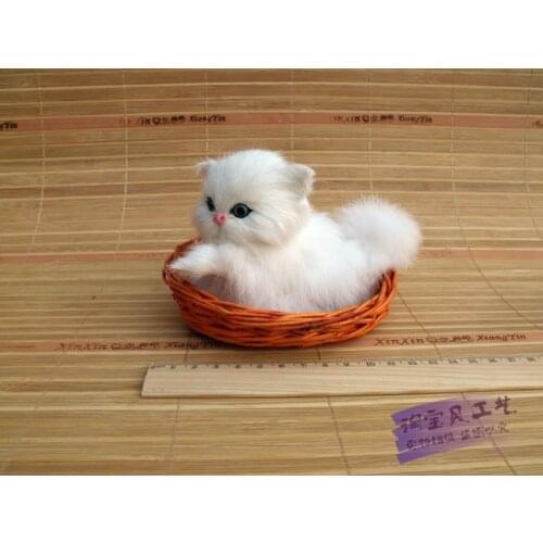 Cute simulation cat toy polyethyle&fur small white cat doll in a basket gift 13x6x9cm 2035