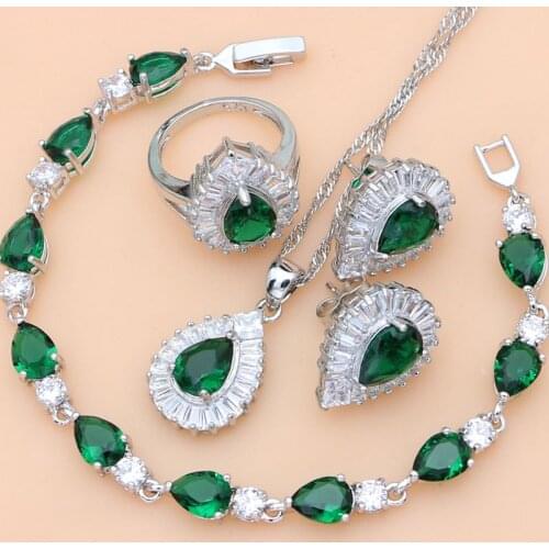Natural Green Emerald White CZ 925 Sterling Silver Jewelry Sets For Women Earrings/Pendant/Necklace/Rings/Bracelet