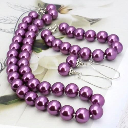 New!Purple glass pearl necklace set 12mm necklace 18"bracelet 7.5" earring Charming women jewelry making design gift