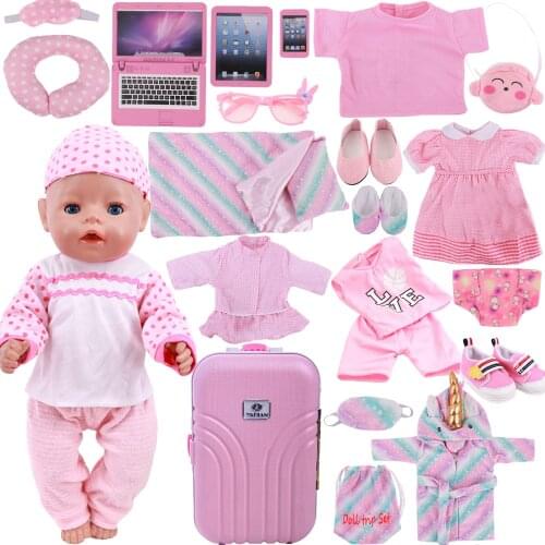 Pink Doll Clothes Pajamas Sleeping Bag/Shoes/Suitcase For 18Inch American Doll Girls 43Cm Reborn Baby Dolls Accessories Kids Toy