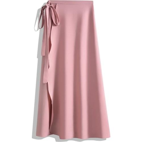 High Waist Lace-up Chiffon Pink Skirts Womens A Line Summer Long Wrap Skirt Elegant Sexy Office School Beach Skirt Girls Cute