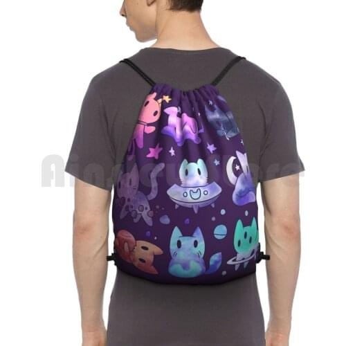 Space Cats Backpack Drawstring Bag Riding Climbing Gym Bag Space Galaxy Cat Cats Kitten Kitty Rainbow Cute Stars Pattern