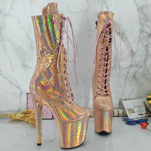 Leecabe Golden holo snake 20CM/8inches High Heel platform Boots closed toe Pole Dance boots