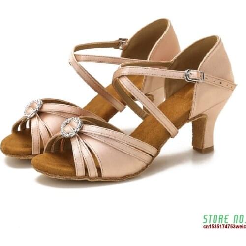 Black Nude Satin Ballroom Latin Salsa Swing Dance Shoes with Soft Suede Sole 2.5 Inches Heels ALS002
