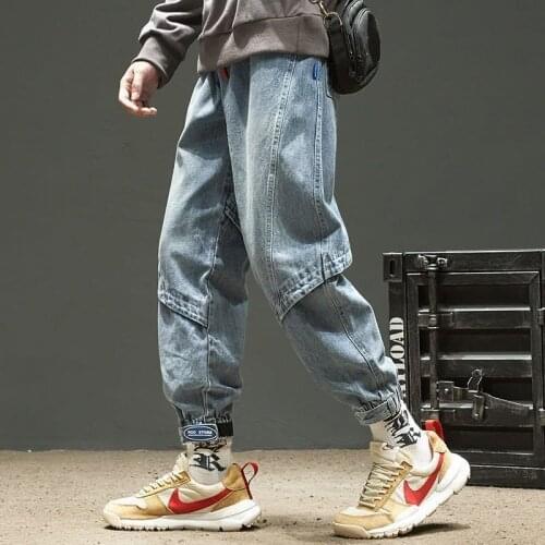 Spring Japanese tooling jeans mens trend brand washed old loose stitching solid color fashion all-match nine-point beam pants