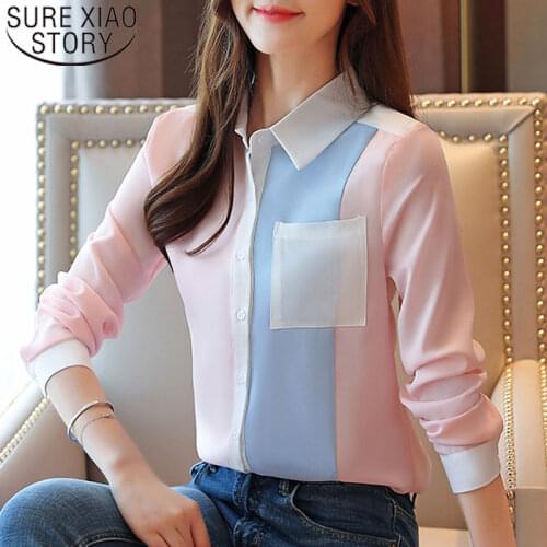 2021 Autumn Fashion Women Chiffon Blouses Office Lady Shirts Long Sleeve Pocket Women Tops Casual Spliced Women Clothing 6196 50