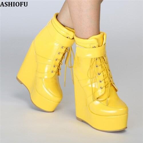 ASHIOFU New Handmade Womens Wadge Heel Boots Shoelace Lace-up Ankle Boots Party Prom Club Fashion Evening Short Boots Shoes