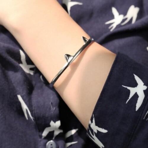 Fresh Literary Creative Cat Ear Simple 925 Sterling Silver Temperament Female Trendy Resizable Opening Bangles SBR005