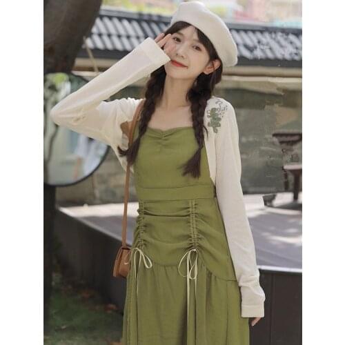 Fashion Casual Suit Women Autumn Embroidered Knitted Short Top+Square Neck Elegant Lady Bilateral Drawstring Sexy Dress Set Fall