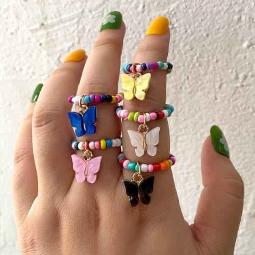 Boho Fashion Handmade Beaded Acrylic Butterfly Charm Rings for Women Girls Colorful resin beaded Ring Statement Y2K Jewelry Gift
