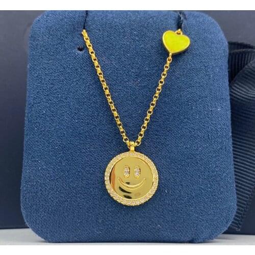SLJELY Fashion S925 Sterling Silver Neon Yellow Heart Happy Face Pendant Gold Color Adjustable Necklace Women Fine Brand Jewelry